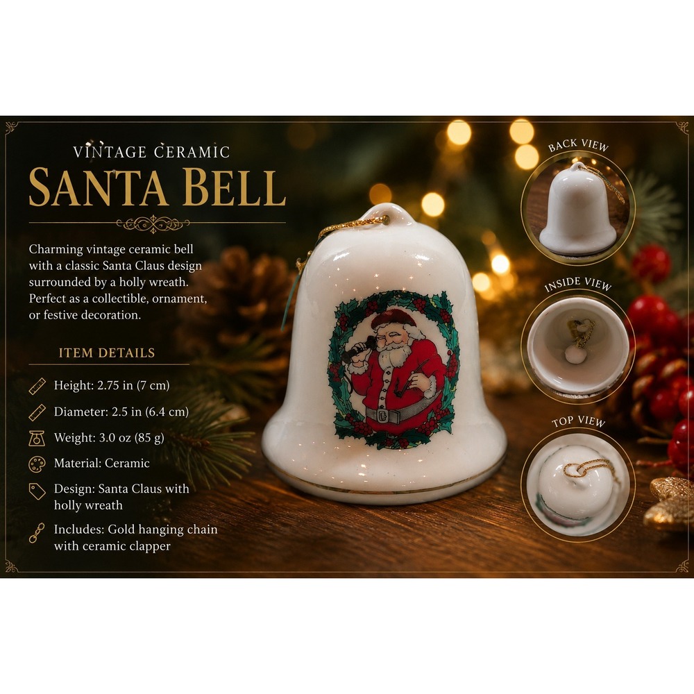 Vintage Santa Claus Ceramic Christmas Bell Ornament White Porcelain Gold Trim